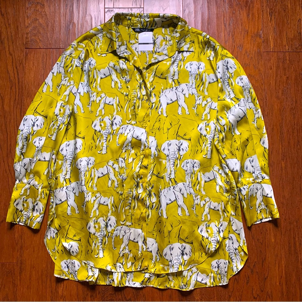 Zara Yellow Elephant Print Button Down Shirt